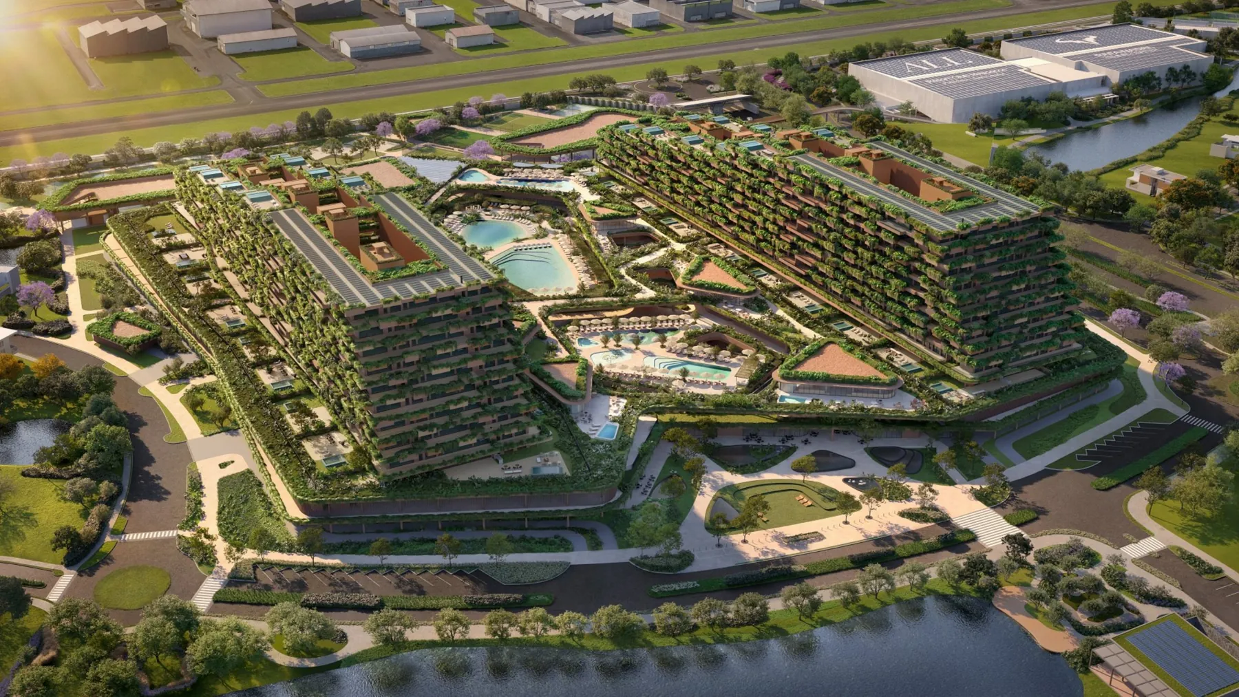 Vista aérea ilustrada do complexo All Resort em Porto Belo