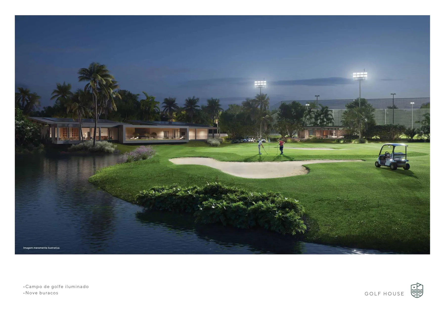 Campo de golfe iluminado do All Resort ao anoitecer