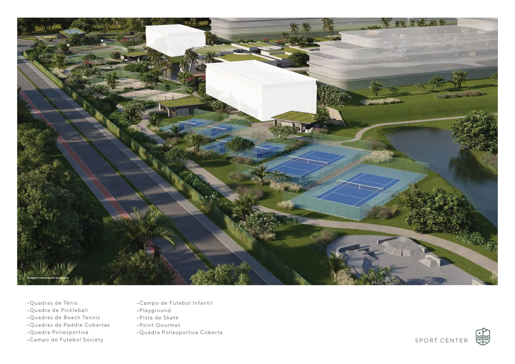 Vista aérea ilustrada do sport center do All Resort com quadras de tênis e campos
