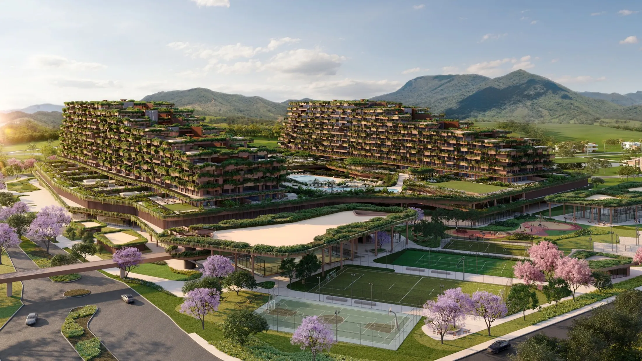 Perspectiva ilustrada das torres do TERRA All Resort entre montanhas, em Porto Belo