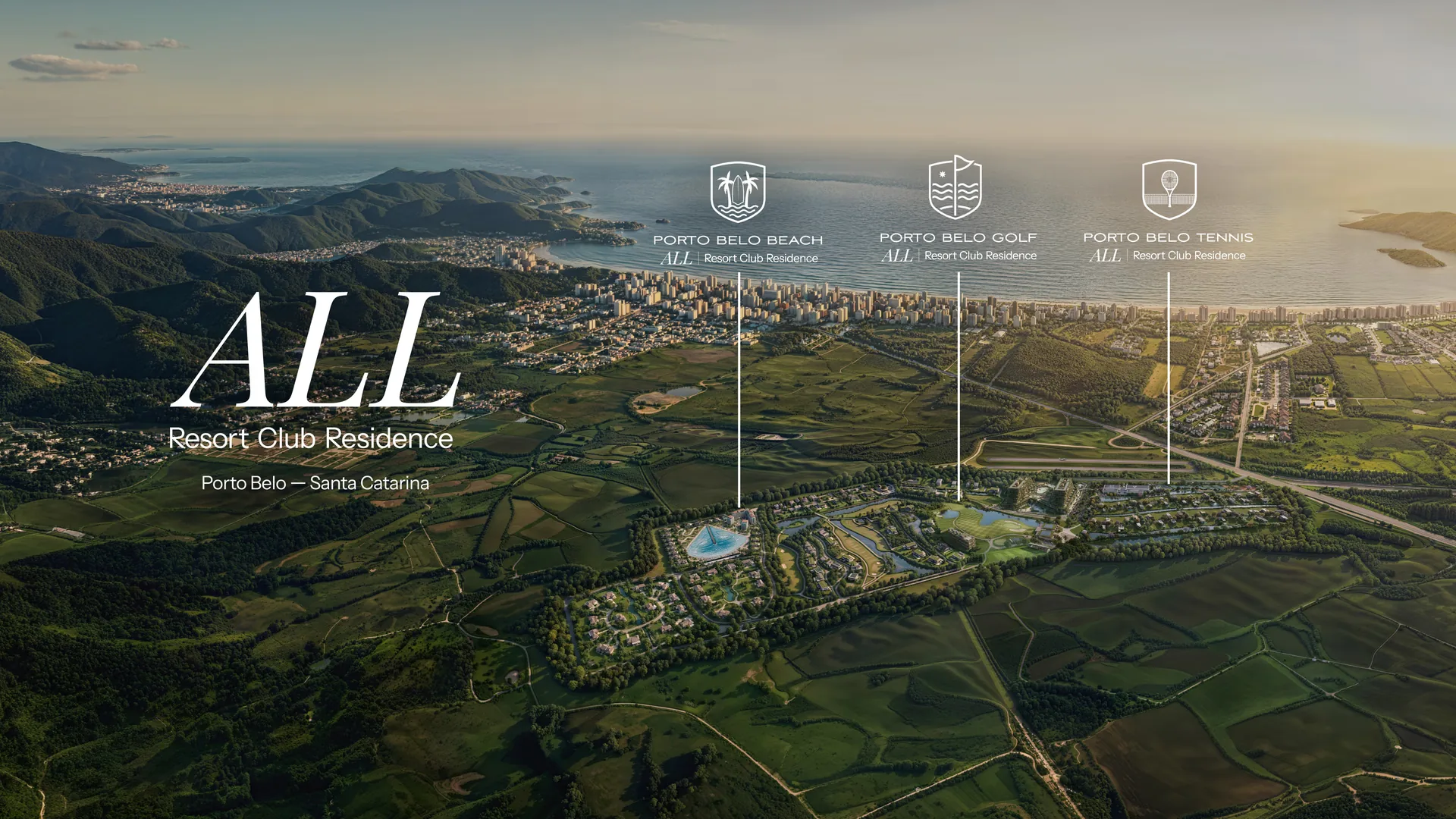 Implantação ilustrada do All Resort Club Residence em Porto Belo/SC: campo de golfe iluminado, lagoon, sport center, club house e a localização das torres do TERRA All Resort