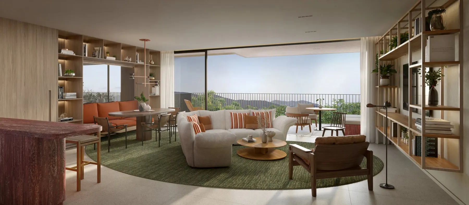Sala de estar com estante e marcenaria em residência do TERRA All Resort