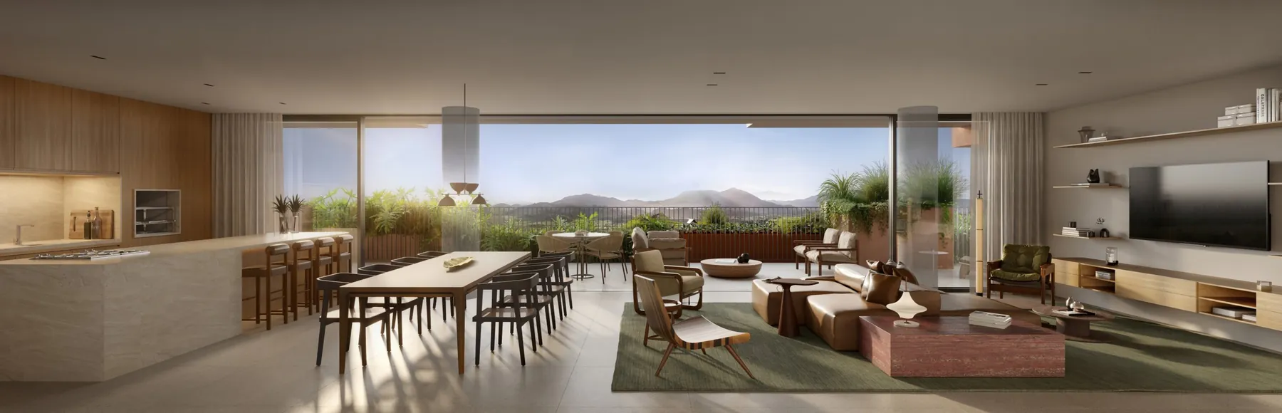 Living integrado de residência do TERRA All Resort com vista para as montanhas