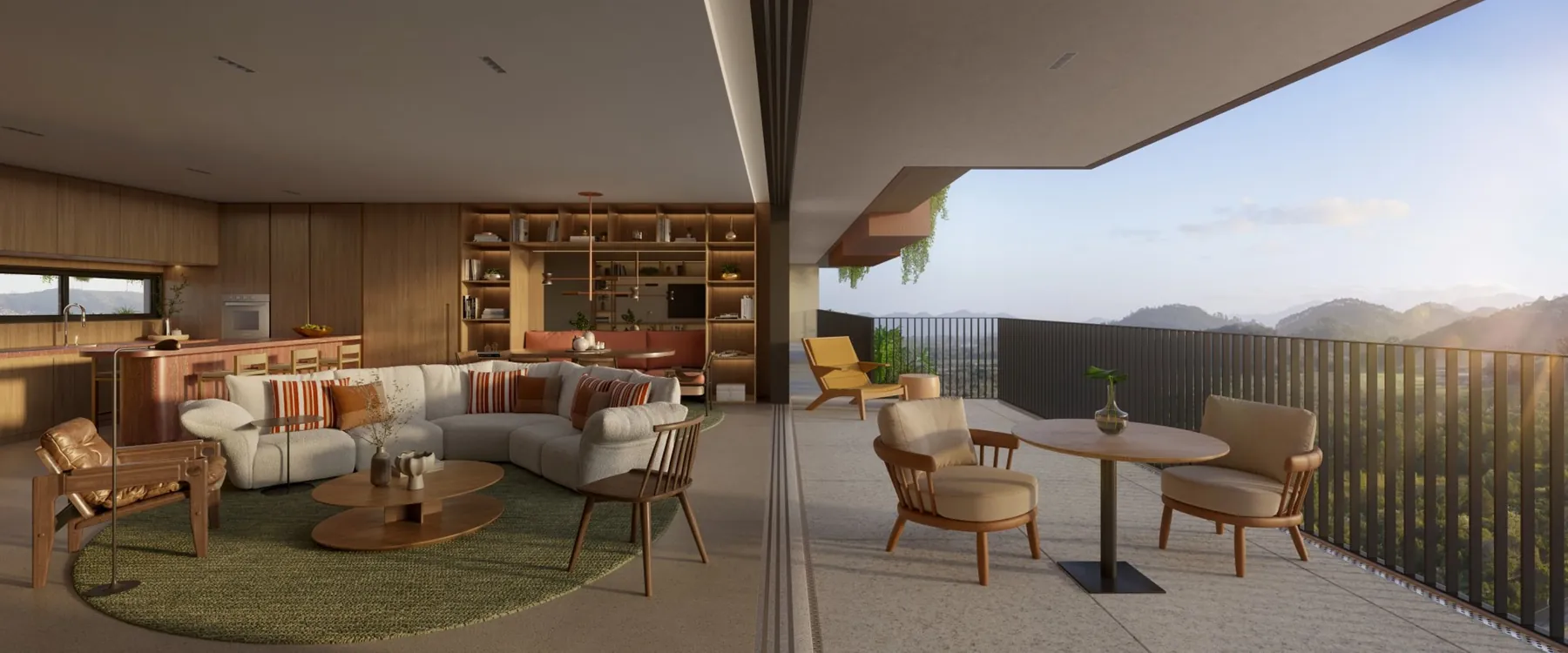 Living panorâmico com vista para o campo de golfe