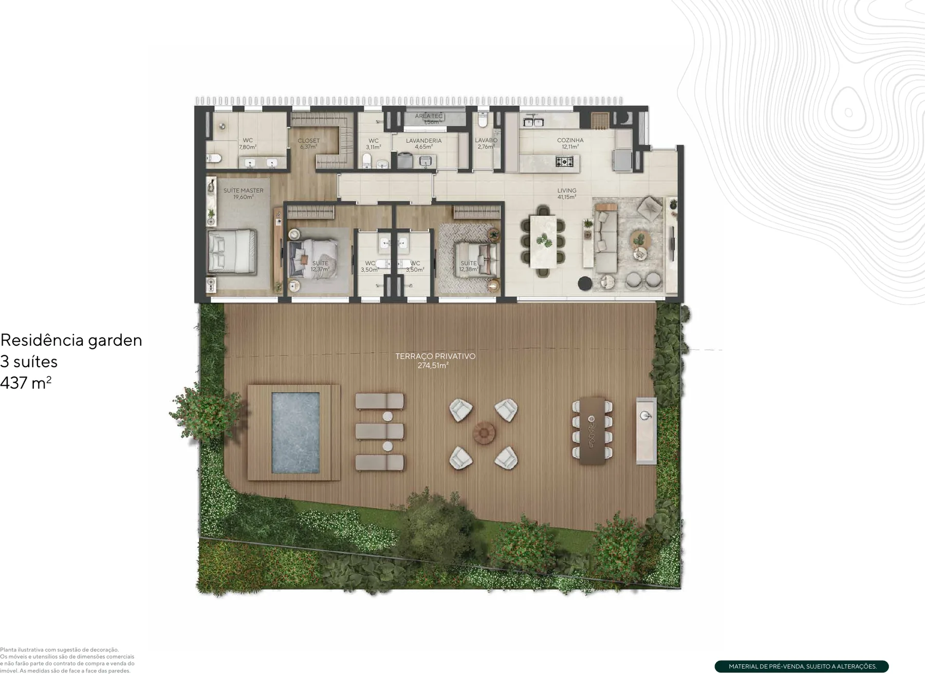 Planta ilustrativa da residência garden com 3 suítes de 437 m²