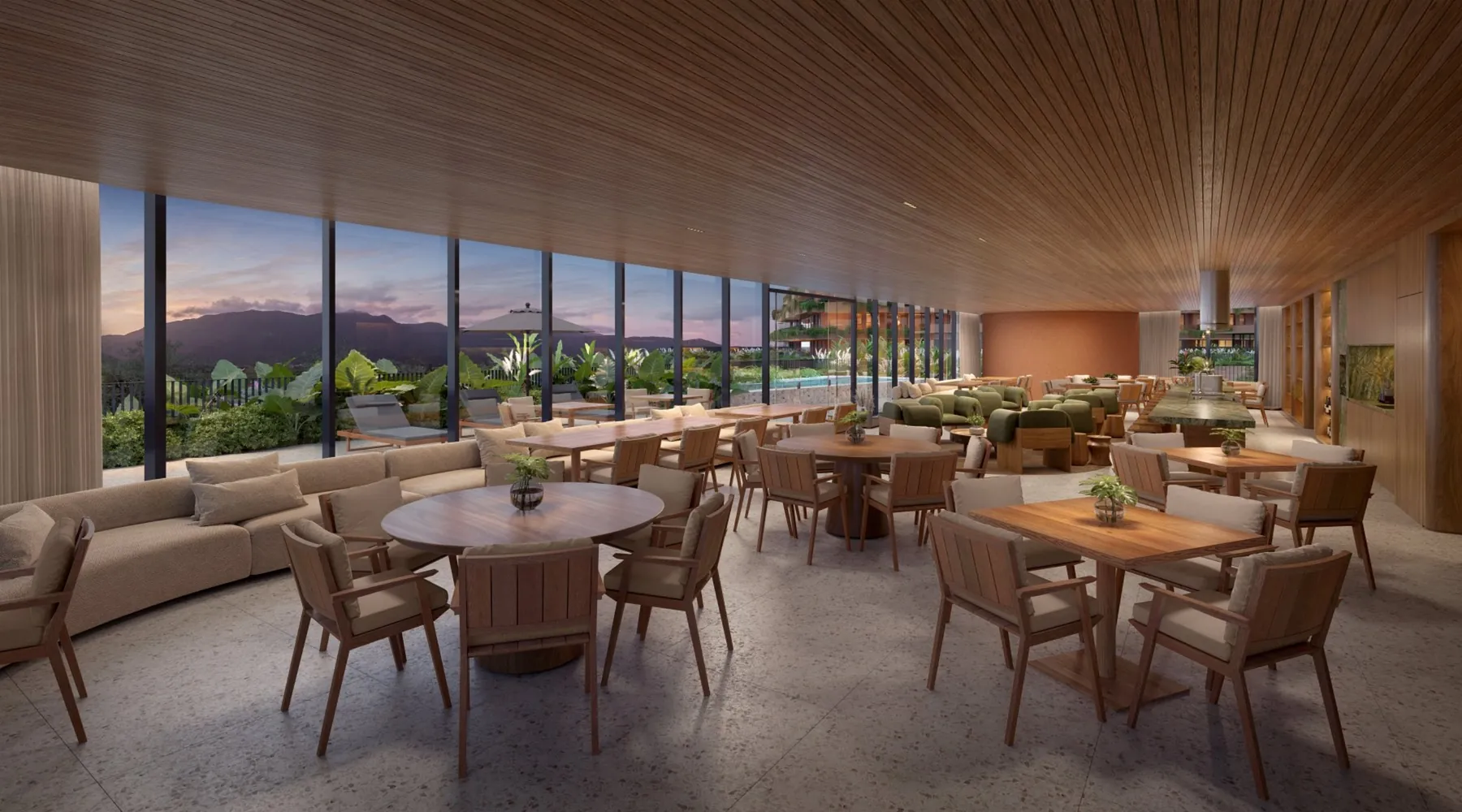 Sala de jantar coletiva com vista panorâmica