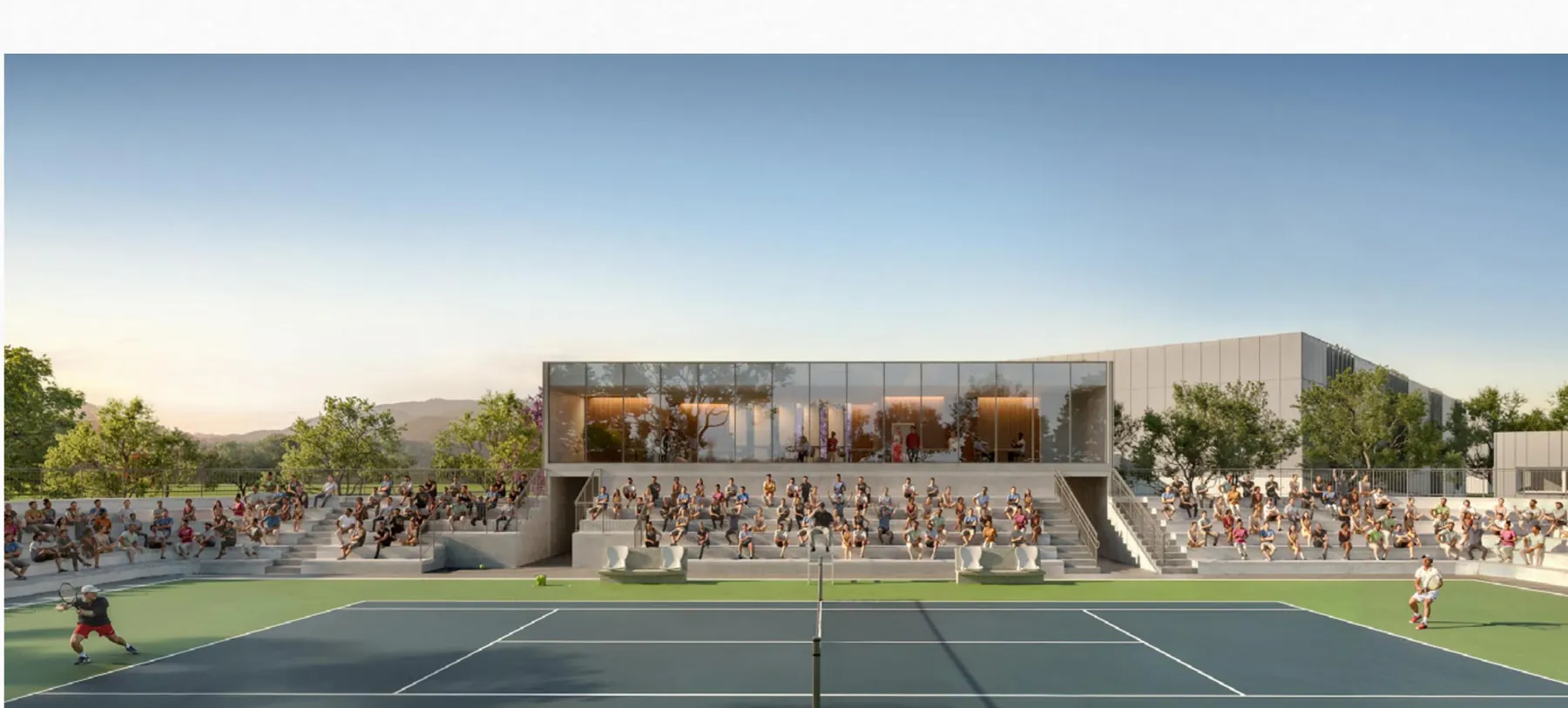Arena principal do Rafa Nadal Tennis Center, no All Resort, com arquibancadas e lounge envidraçado