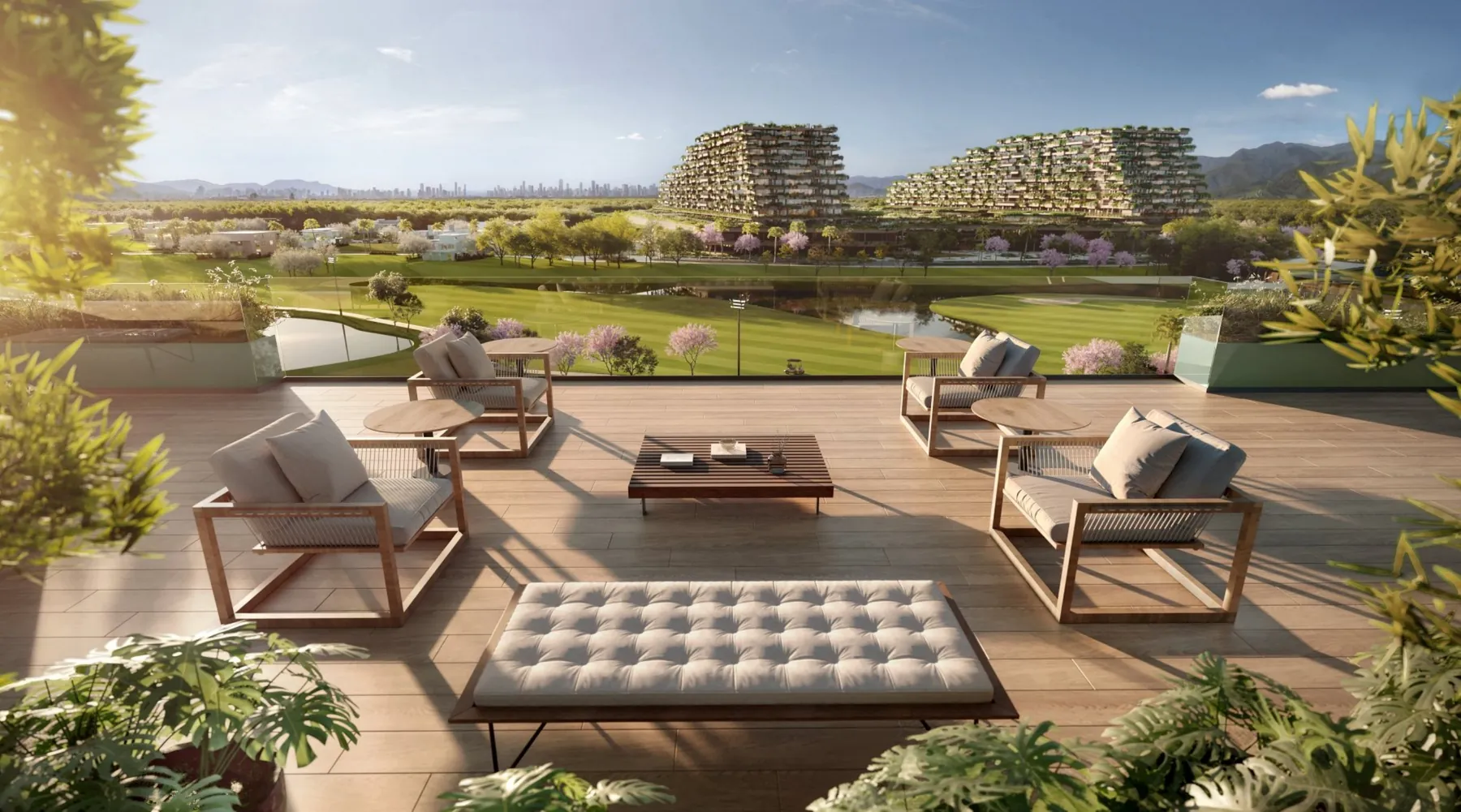 Terraço com espreguiçadeiras e piscina privativa