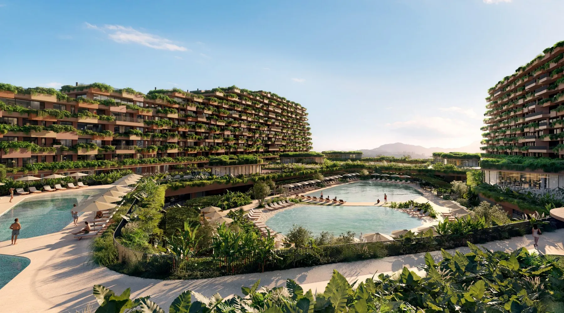 Perspectiva das duas torres do TERRA All Resort com piscinas entre elas